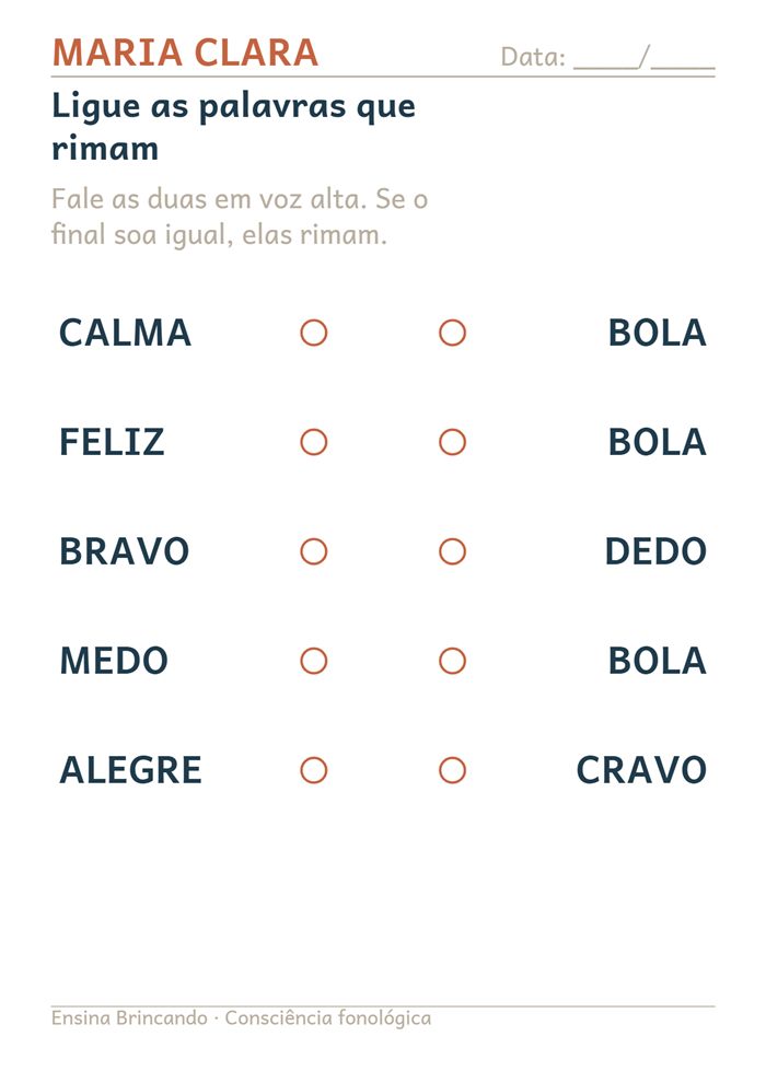 Atividade Caça-rimas, consciência fonológica, com o nome da aluna Maria Clara no topo