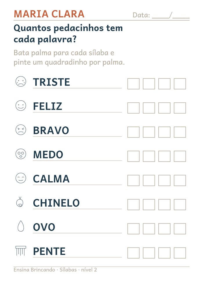 Atividade Contar sílabas, nível 2, com o nome da aluna Maria Clara no topo