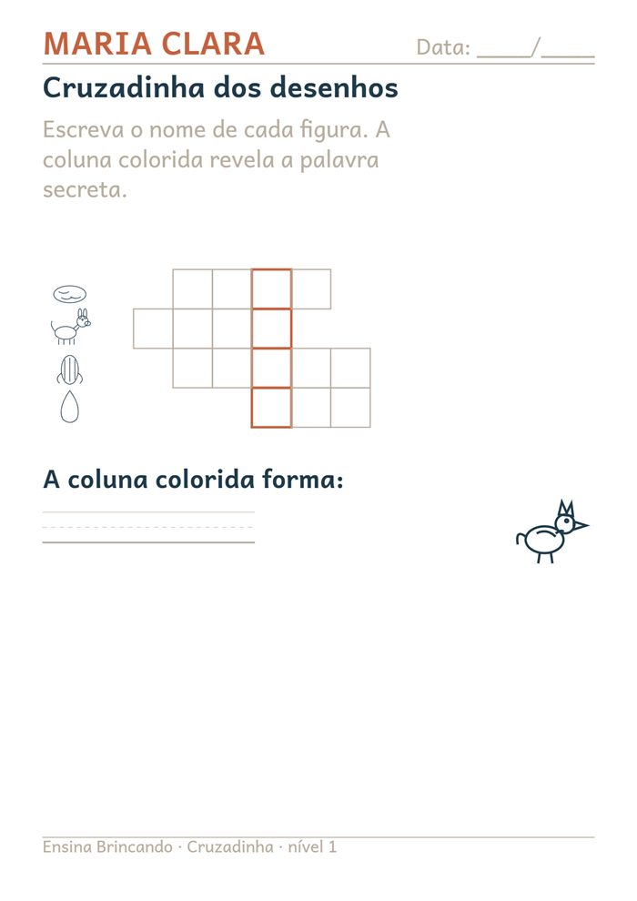 Atividade Cruzadinha, nível 1, com o nome da aluna Maria Clara no topo