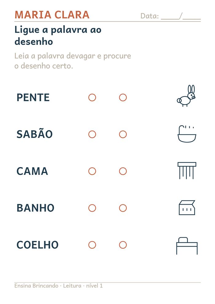 Atividade Leia e ligue, nível 1, com o nome da aluna Maria Clara no topo
