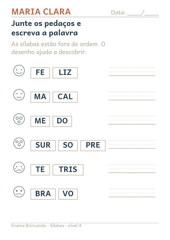 Atividade Monte a palavra, nível 4, com o nome da aluna Maria Clara no topo